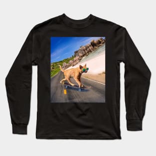 Cat With Sunglasses On Skateboard At Beach Long Sleeve T-Shirt